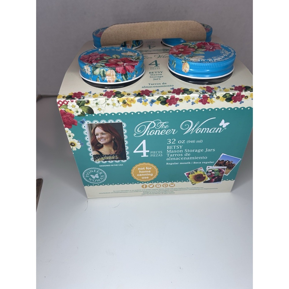 The Pioneer Woman Set of 4 Betsy Mason Storage Jars 32oz Lt Teal Floral Lids NIB - Picture 2 of 6